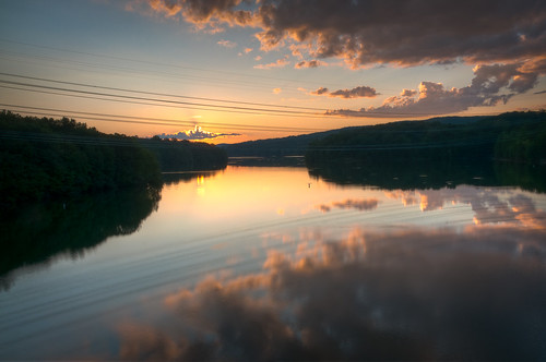 sunset sky usa lake newyork water clouds reflections evening peace calm powerlines serene hdr westchester d300 crotonreservoir