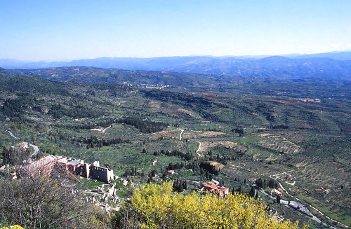 greece laconia mountains olive trees landscape view mistras archaeological heritage historical abbey monastery town city church castle