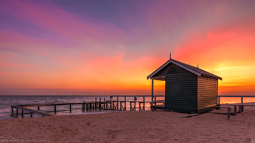 vibrant sunrise twilight dawn bay portsea morningtonpeninsula portphillipbay melbourne victoria australia boat shed seascape colorful colourful sand