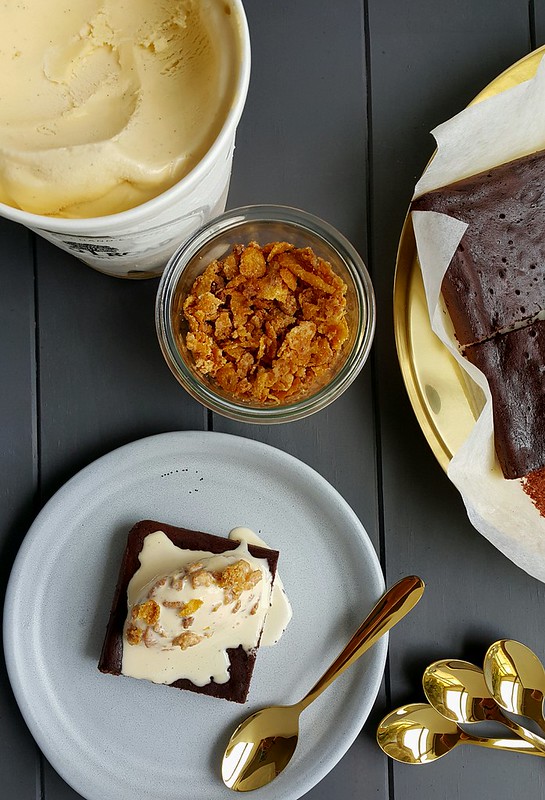 Cornflake crumble with Kohu Road Ice Cream and baked chocolate mousse #momofuku #goldcutlery