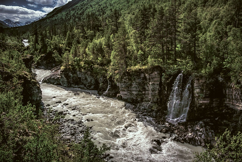 norway jotunheimen water waterfall rapid stream mountain forest contrast color colors colours colour clouds cloud falls green hdr highdynamicrange landscape mountainscape minolta nature nationalpark outdoors outdoor rock rocks ripples river riverscape sony sky scenic tree trees valley wimvandem wild greatphotographers abigfave daarklands ngc
