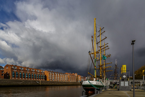 harbour bremen germany clouds sailing ship alexander von humboldt bad weather