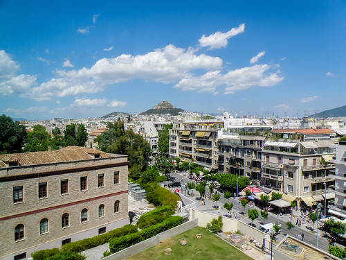 view acropolis museum greece athens cityscape lykavittos olympus city clouds sky blue building
