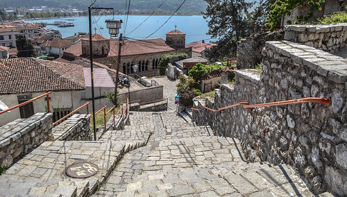 ohrid охрид macedonia македонија fyrom city downtown historic buildings history heritage architecture sunny sunshine sunlight day balkan europe world travel traveling traveler destination view perspective angle stairs staircase lantern pole peaceful quiet quaint lake ozero house houses byzantine cathedral bright light church street streets ancient old nikon nikond3100 d3100