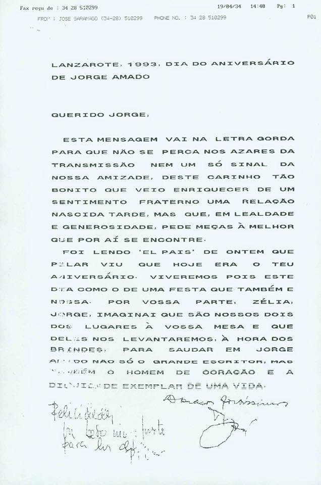 Faxes de José Saramago a Jorge Amado