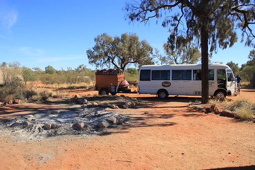 Our mini-bus, with swags on the trailer and the campfire remnants. From Oo Roo, Uluru - a trek in the Australian Outback