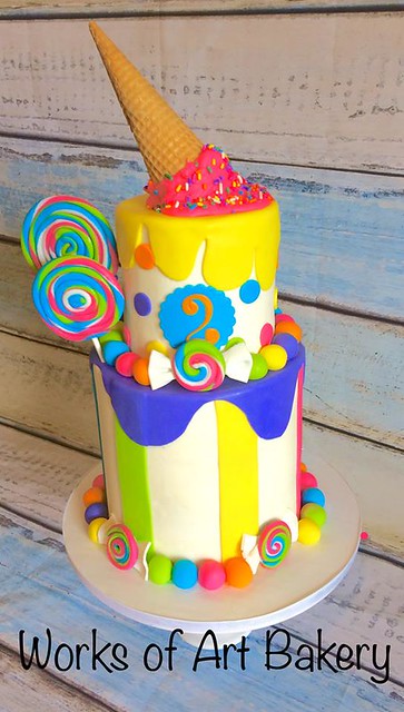 Lollipop and Dropped Ice Cream Cone Cake by Works of Art Bakery