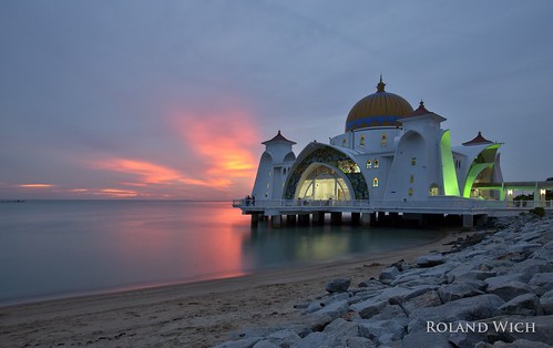 asia melaka malacca malaysia south east strait mosque moschee sunset sea straits