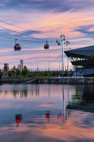 reflection london cable cars sunset clouds emirates air line dusk royal docks hdr dri water