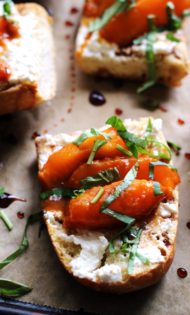 Caramelized Apricot, Basil, and Ricotta Toast with Balsamic Reduction