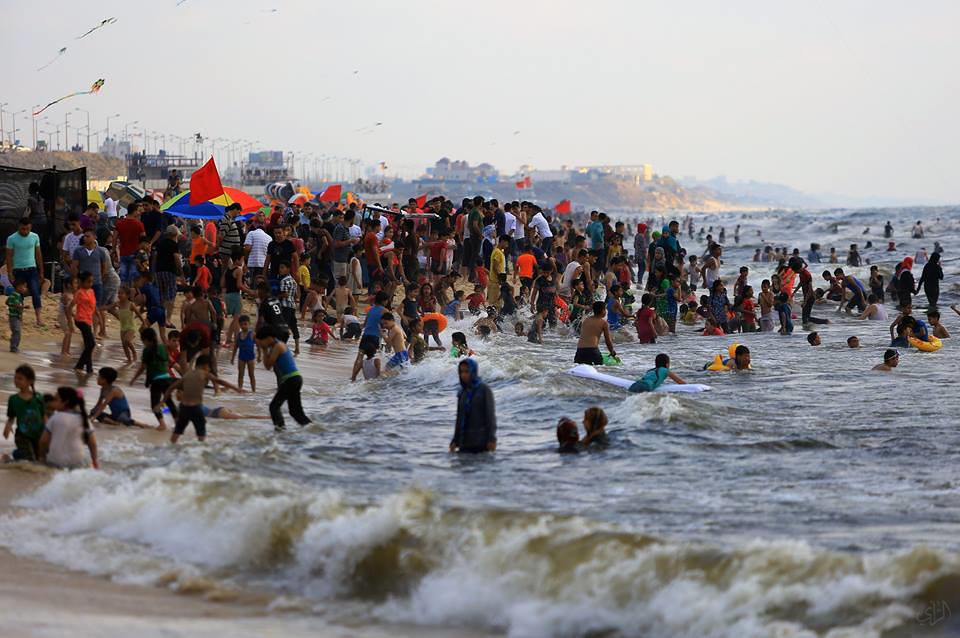 Overcrowded Gaza beach this evening.