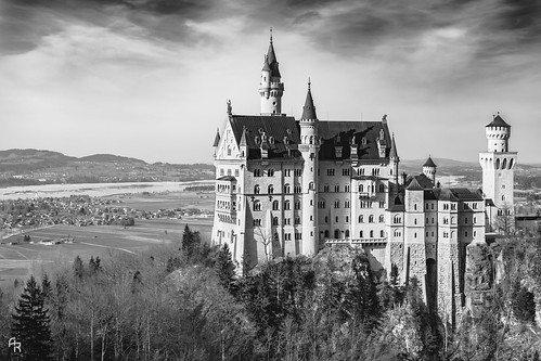 landscape architecture castle sky light germany neuschwanstein marienbrücke architectural fable historic medioeval contrast black white bw ludwig mad