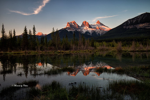 reflections mountains mothernature water sky scenery scenic clouds colours reds trees marsh mountainpeak landscape lake leaves landscapes dawn sunrise sun canada canmore alberta nature nationalpark momentsbycelinecom grass contrast bright mountain policemanscreek