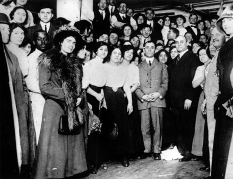 Owners Isaac Harris (hands folded, center) and Max Blanck with workers, 1910