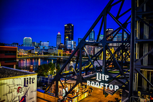 upmc lite beer rooftop pnc park pittsburgh pa pit pitt pgh penn penna pennsylvania us usa alleghanycounty alleghany mlb pirates baseball national league parc pncpark stadium arena game city skyline skyscrapers buildings skyscraper building view night evening dusk