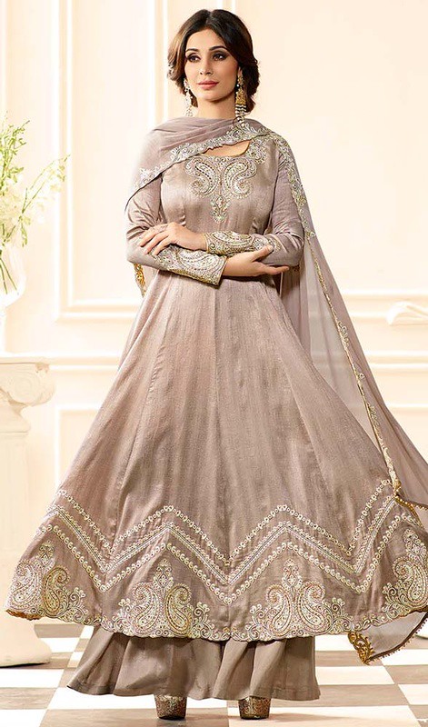 Beige Color Embroidered Raw Silk Anarkali Palazzo Suit