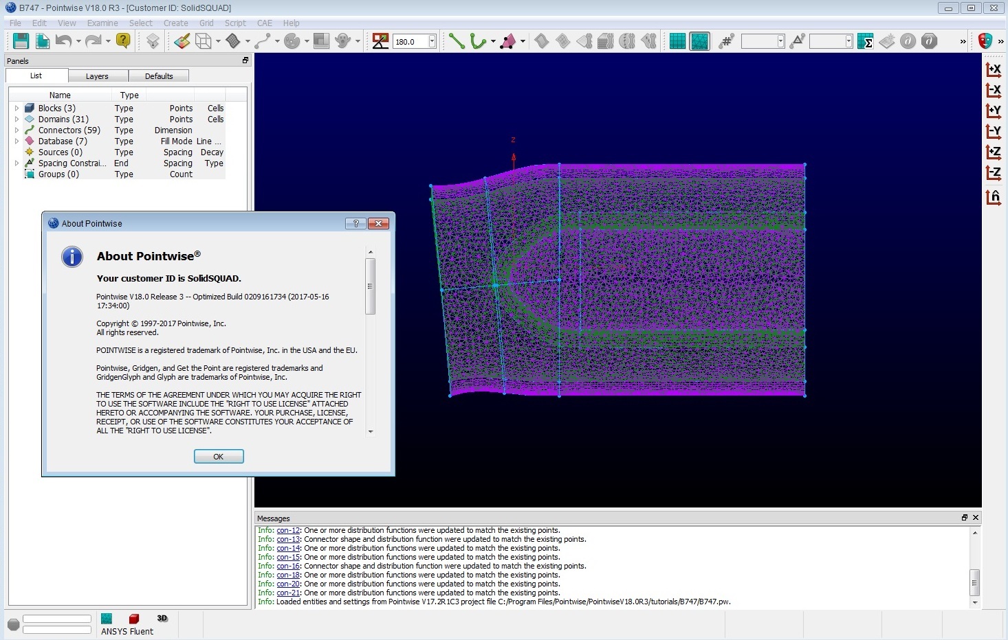 Working with PointWise 18.0 R3 build 2017-05-16 for windows