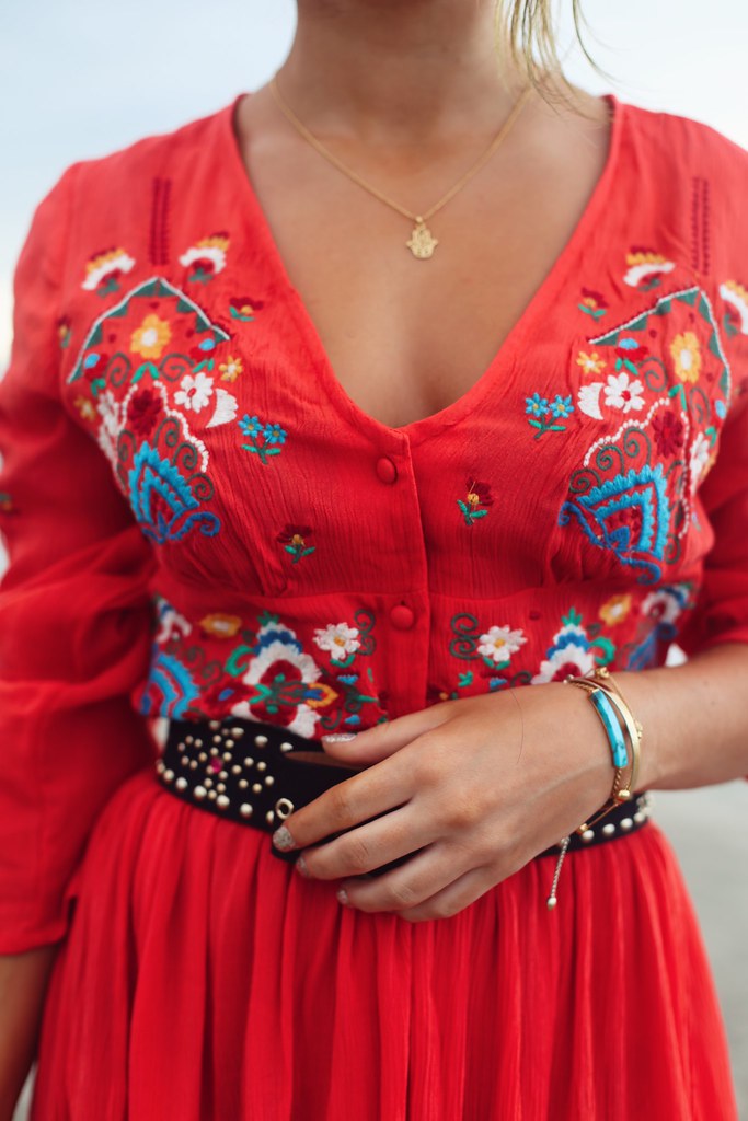 The Little Magpie Red embroidered midi dress