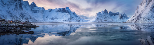 arctic lofoten norway scandinavia bluehour chill clouds cold dramatic fjord ice landscape light mountain north reflection snow sunset weather winter