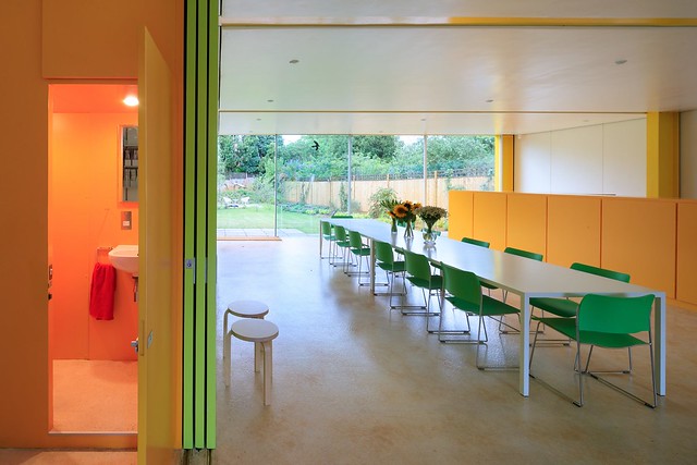 prefab 1960s harvard design London Wimbledon House bathroom orange table