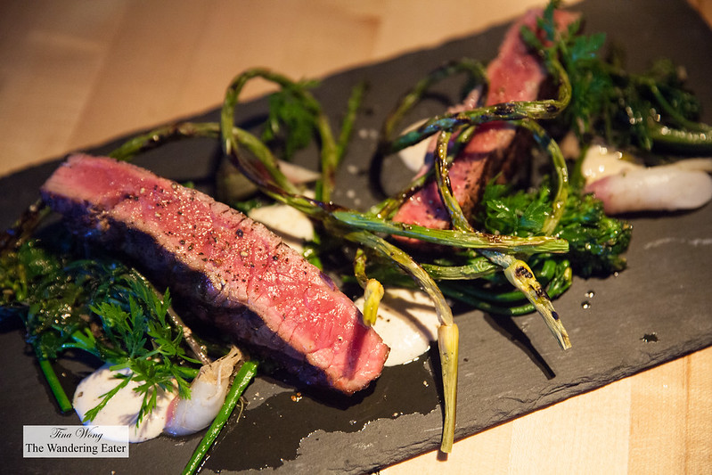 Market dish of the day - Grilled sirloin steak, grilled garlic scapes, turnips
