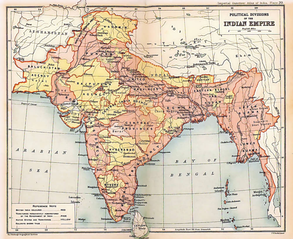 1909 Map of the British Indian Empire, showing British India in two shades of pink and the princely states in yellow