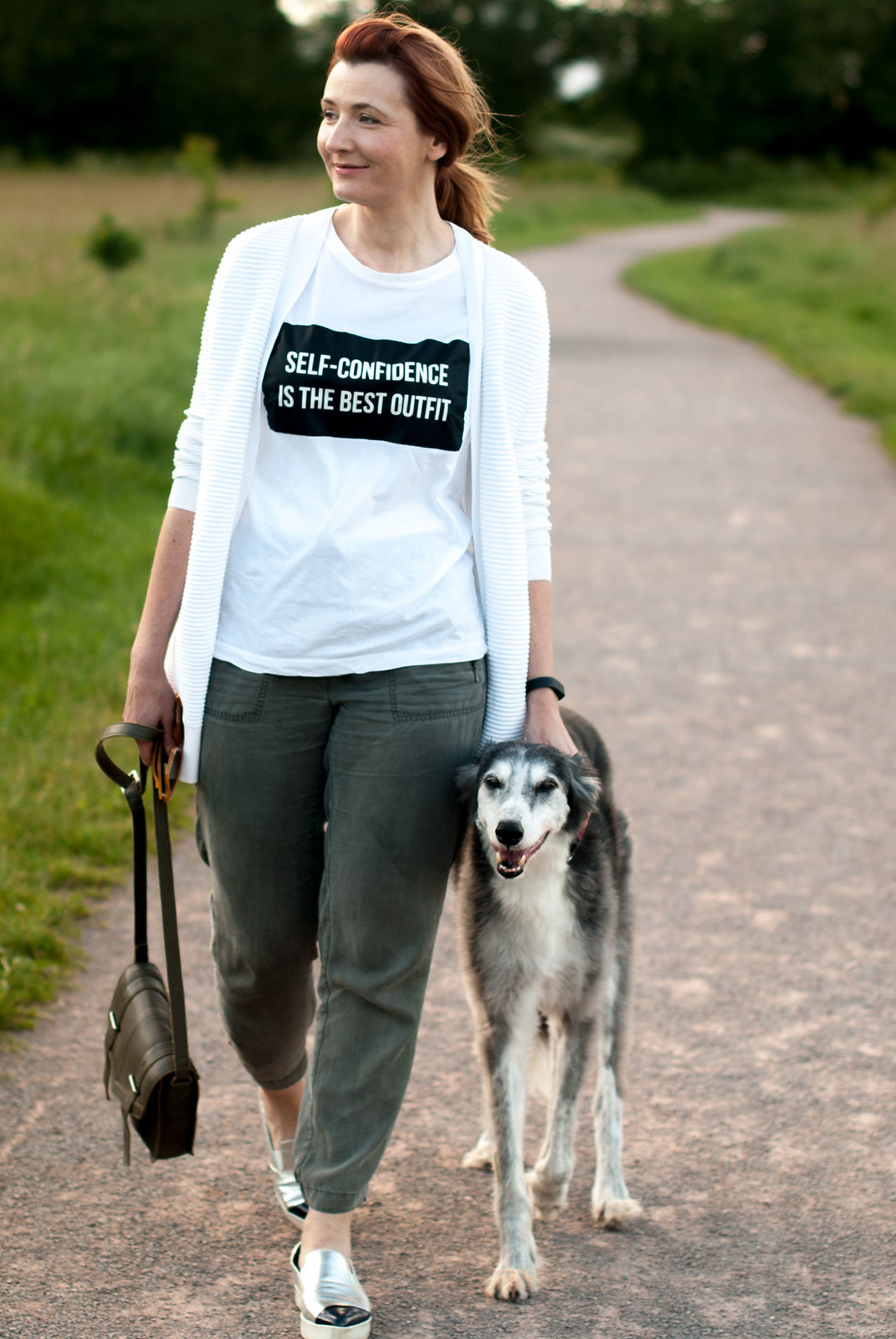 Super casual walking the dog outfit: Self-confidence is the best outfit t-shirt, khaki joggers, silver slip on shoes | Not Dressed As Lamb, over 40 style