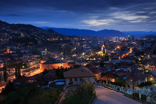 sarajevo bosniaandherzegovina city panorama night bosnia mountains overcast sunset