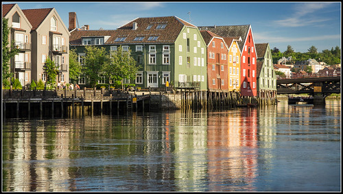 europe norway trondheim architecture building colour light reflection river water wooden