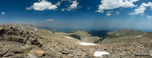 bighornmountains bighornnationalforest wyoming nikond750 july summer afternoon sunny blue sky tamron2470mmf28 stitch panorama panoramic clouds smoke smoky loafmountain summit top snow haze hazy boulders shadows scenic view cloudpeakwilderness