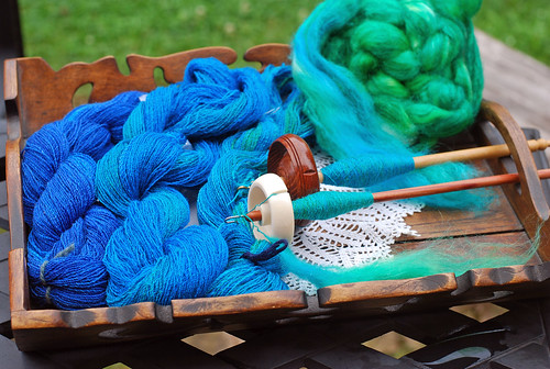 Handspun merino/silk yarn with Bosworth Moosie and Tabachek Lacewood drop spindles in progress by irieknit