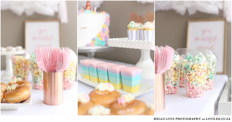 Unicorn party decor - Candy table with rainbow popcorn