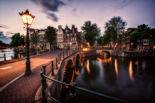 amsterdam canal houses clouds sky colors summer sunset bridge lights city explore travel architecture wideangle longexposure water reflection netherlands angelflores