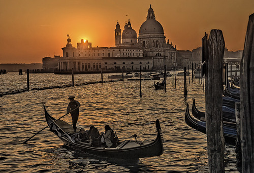sunset gondola boat sea canal church silhouette venice venezia italy italia travel tourism