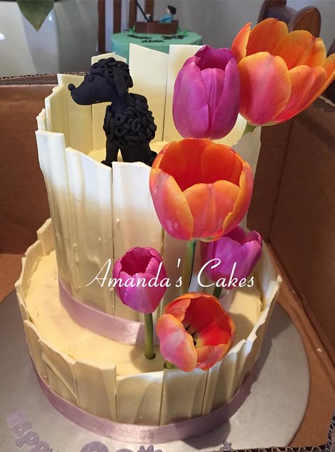 White Chocolate Shards with Fresh Tulips and a Fondant Poodle by Amanda's Cakes