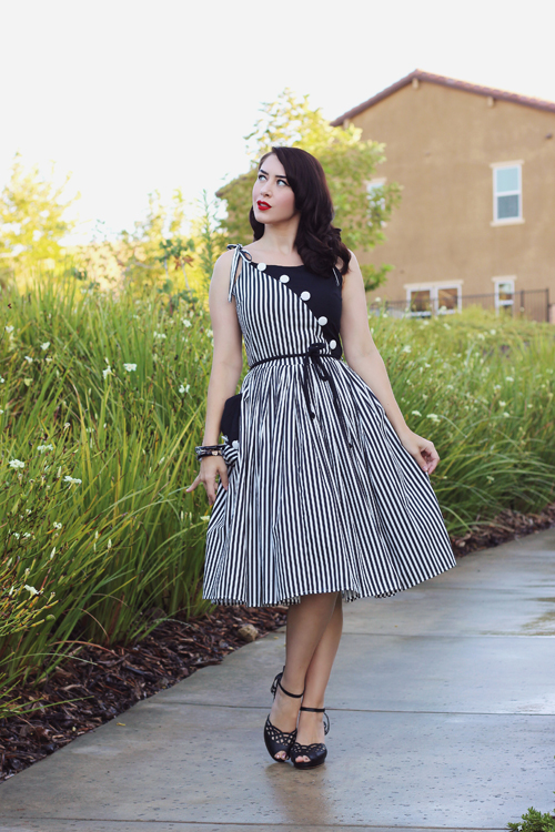 Unique Vintage 1950s Style Black & White Stripe Hamilton Swing Dress Southern California Belle