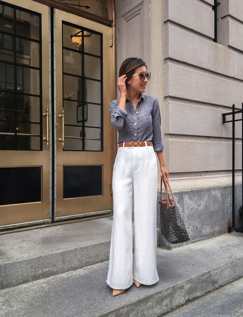 work outfit white wide leg pants chambray shirt petite office style