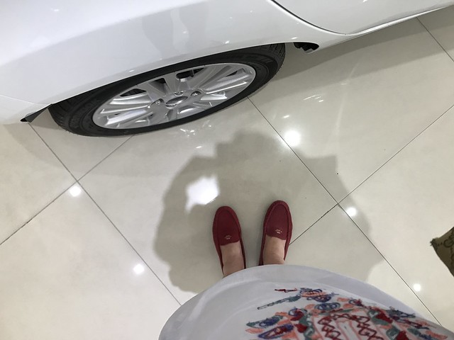 white dress, red shoes