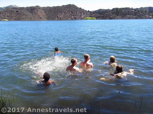 Swimming in Butte Lake. Don't you love the lava flow across the way? Lassen Volcanic National Park, California