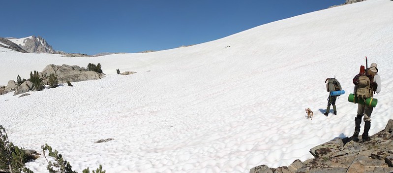 The final long traverse across the snow to reach Piute Pass