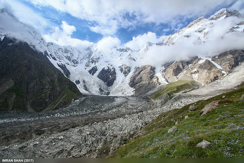 clouds elements gilgitbaltistan glacier greenery hunza ice landscape location mountains pakistan shisparether sky snow summits vegetation wide