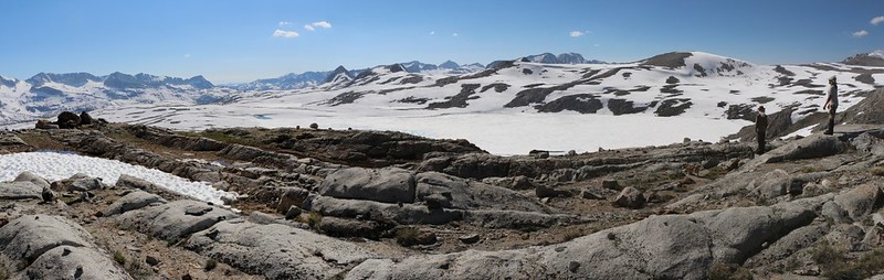 Panorama shot of still-frozen Desolation Lake in July 2017