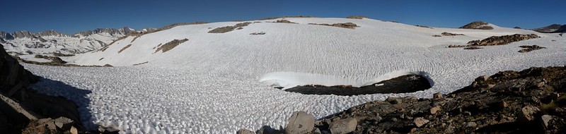 Panorama shot of the outflow from the Humphreys Lakes which is mainly under several feet of snow