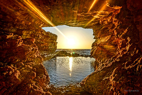 sunrise sun cave hdr sea reflection reflections island greece