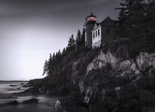 bass harbor lighthouse maine atlantic ocean evening mono bw sea light dusk mystery mysterious