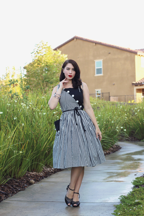 Unique Vintage 1950s Style Black & White Stripe Hamilton Swing Dress Southern California Belle