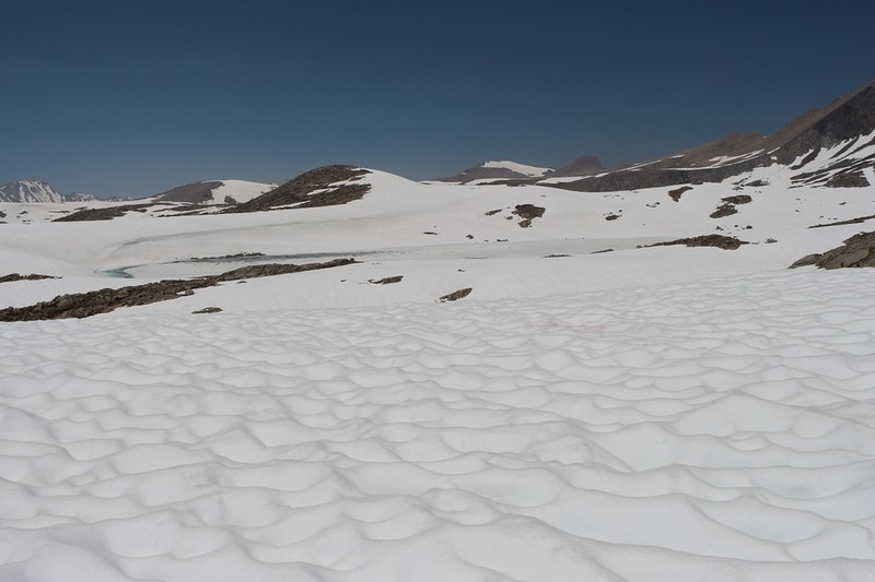 The largest of the Humphreys Lakes lies below us, still frozen in July