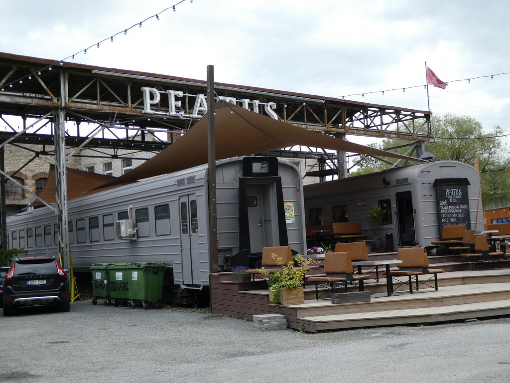 Old railway carriages now transformed into a cafe in Telliskivi
