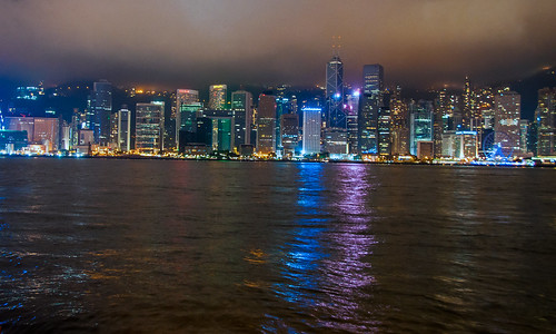 hongkong china night skyline urban water reflections