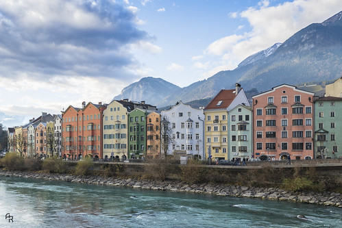 sky landscape city river travel cloudy house architecture colorful architectural houses austria europe innsbruck inn mariahilfstrase